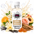 A bottle of Fizzy Whiz Vanilla Blossom fragrance oil centered on a white background, surrounded by illustrated and photographed scent ingredients including vanilla beans, white orchids, a peach, orange slices, cinnamon sticks, and amber droplets.
