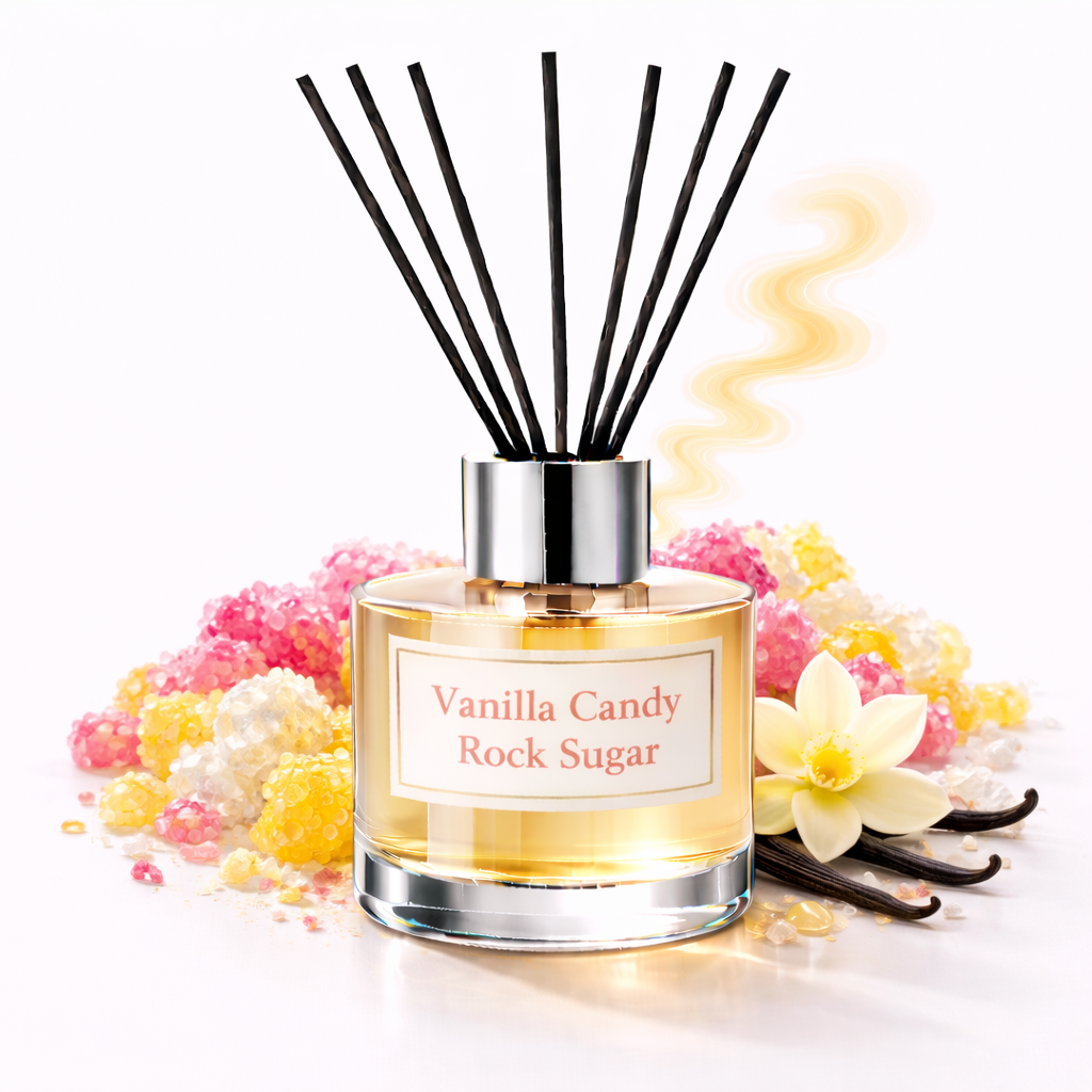 Vanilla Candy Rock Sugar Reed Diffuser Oil with sugared candy and vanilla pods on a white background