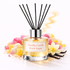 Vanilla Candy Rock Sugar Reed Diffuser Oil with sugared candy and vanilla pods on a white background