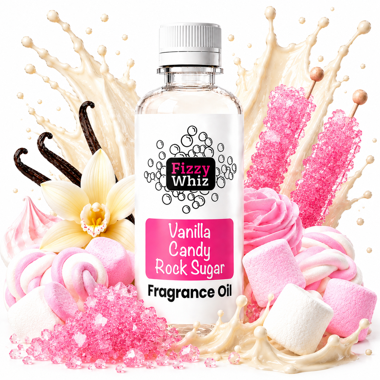A bottle of Fizzy Whiz Vanilla Candy Rock Sugar Fragrance Oil centered against a white background, surrounded by pink candy rock sugar, vanilla flowers, vanilla beans, pink marshmallows, and cream-colored splash graphics.