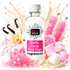 A bottle of Fizzy Whiz Vanilla Candy Rock Sugar Fragrance Oil centered against a white background, surrounded by pink candy rock sugar, vanilla flowers, vanilla beans, pink marshmallows, and cream-colored splash graphics.