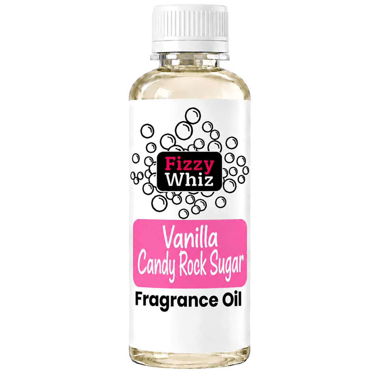 A bottle of Fizzy Whiz Vanilla Candy Rock Sugar Fragrance Oil on a solid white background.