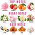 A fragrance notes graphic with pink text reading TOP NOTES, HEART NOTES, and BASE NOTES above illustrated scent ingredients: cotton candy, strawberries, mandarin, pear, jasmine, marshmallows, gardenia, honeysuckle, vanilla beans, caramel cubes, amber resin, and a clump of white powder. This is not a photo of a physical product in packaging, and it is not a measurement chart, color swatch, or instruction diagram; it functions as a digital scent/fragrance note board, so subject_type is Other.
