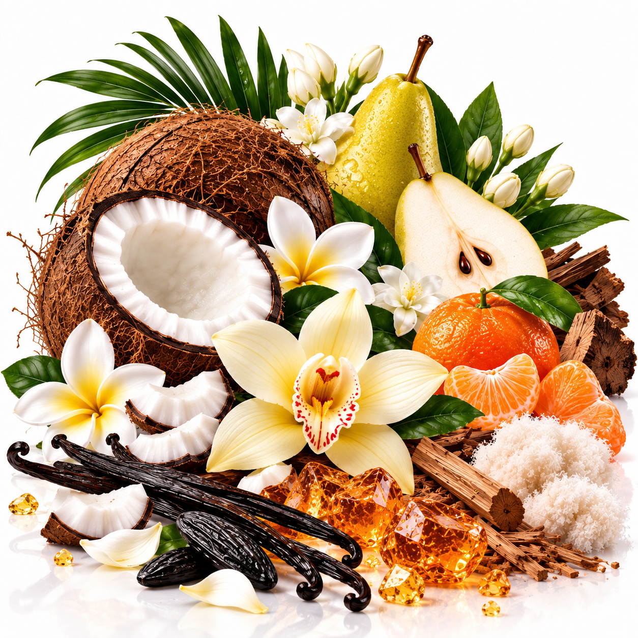 A tropical botanical still life featuring a halved coconut, sliced pear, mandarin orange segments, vanilla beans, white flowers, leaves, cinnamon sticks, and amber resin crystals on a white background.