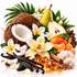 A tropical botanical still life featuring a halved coconut, sliced pear, mandarin orange segments, vanilla beans, white flowers, leaves, cinnamon sticks, and amber resin crystals on a white background.