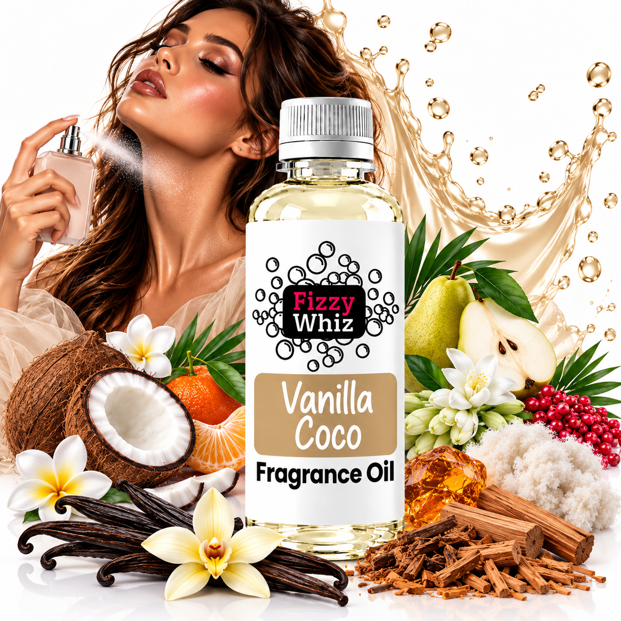 A bottle of Fizzy Whiz Vanilla Coco Fragrance Oil is centered in front of a woman spraying perfume, surrounded by fragrance ingredients including vanilla beans, a coconut, flowers, citrus, cinnamon, and a gold liquid splash on a white background.