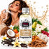 A bottle of Fizzy Whiz Vanilla Coco Fragrance Oil is centered in front of a woman spraying perfume, surrounded by fragrance ingredients including vanilla beans, a coconut, flowers, citrus, cinnamon, and a gold liquid splash on a white background.