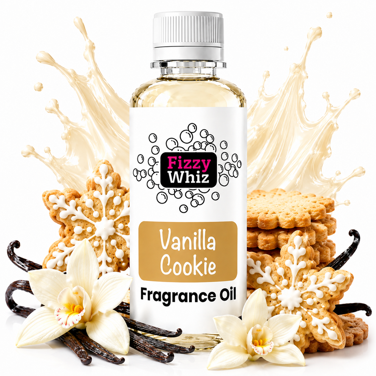 A bottle of Fizzy Whiz Vanilla Cookie Fragrance Oil centered on a white background, surrounded by vanilla flowers, vanilla beans, cookies, and cream splash graphics that reinforce the vanilla cookie scent.