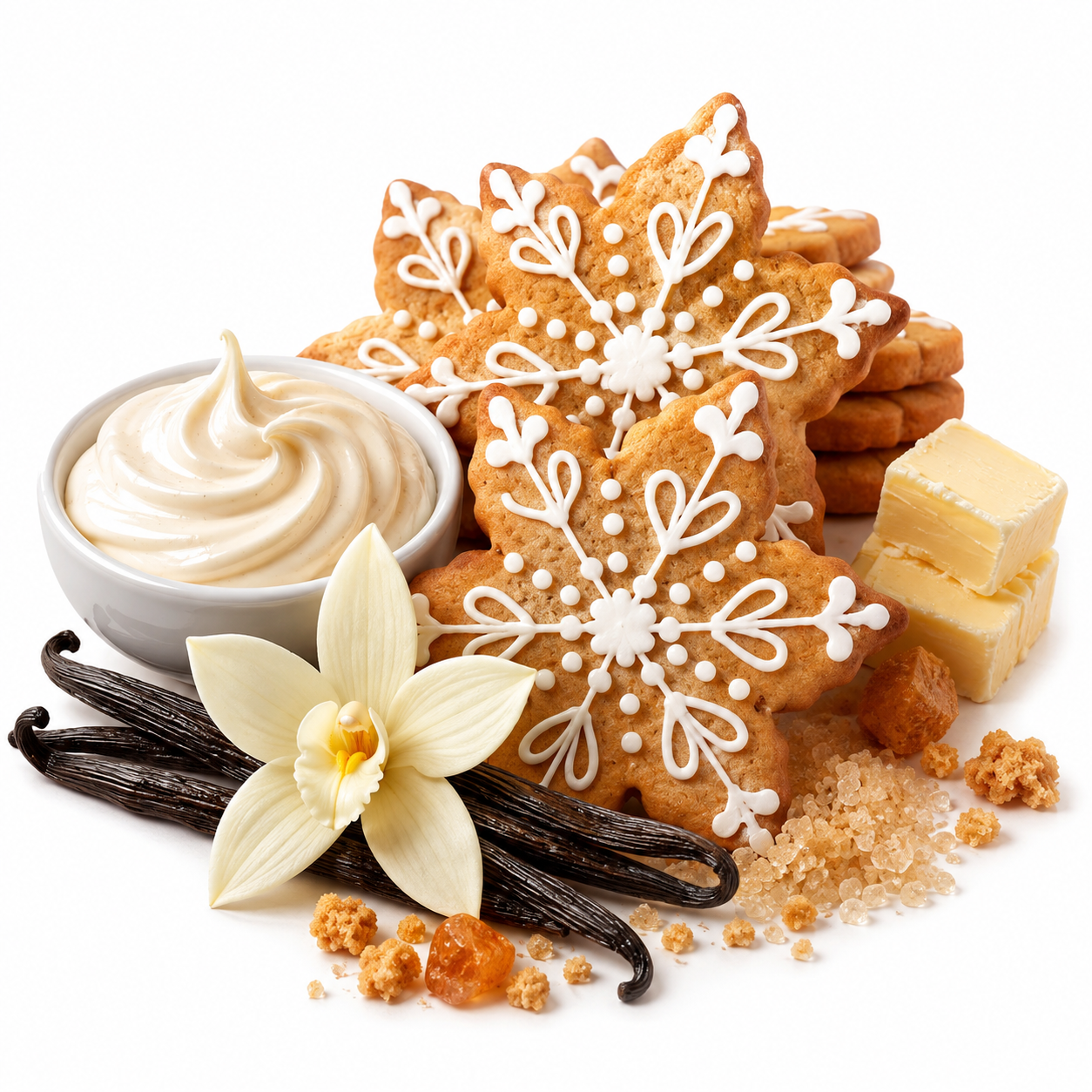 Decorated snowflake-shaped cookies with white icing, stacked vanilla butter cookies, a bowl of whipped cream, vanilla beans, a vanilla orchid flower, and butter cubes on a white background.