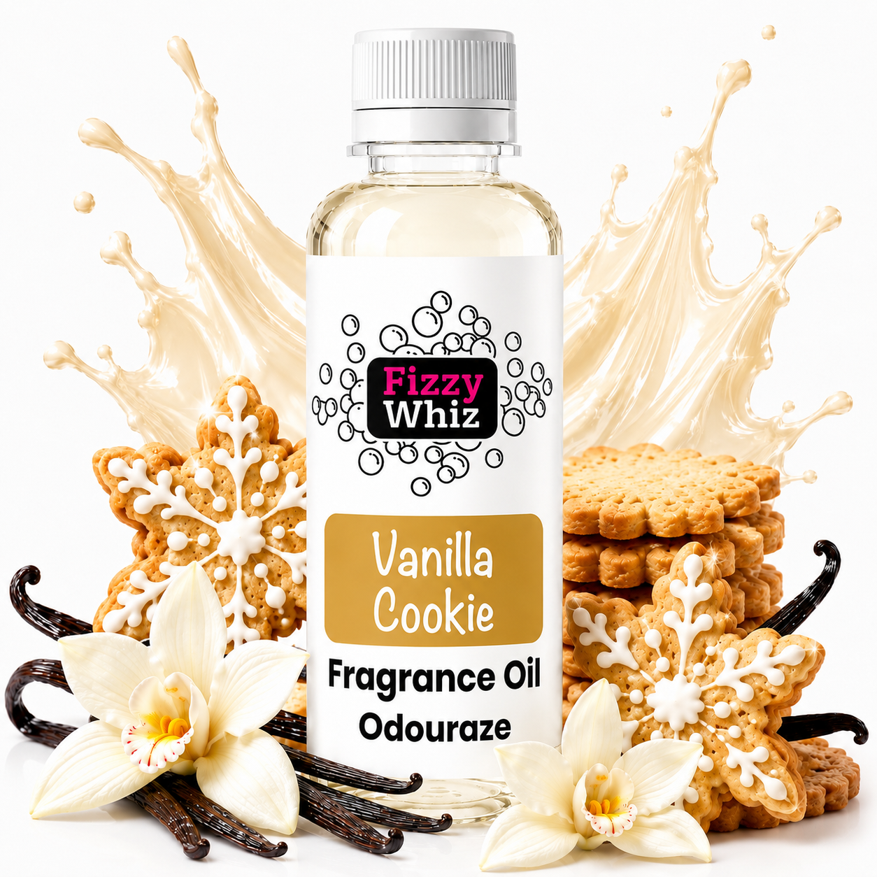 A bottle of Fizzy Whiz Vanilla Cookie fragrance oil centered on a white background, surrounded by vanilla beans, white flowers, stacked cookies, and a cream-colored liquid splash graphic.