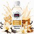 A bottle of Fizzy Whiz Vanilla Cookie fragrance oil centered on a white background, surrounded by vanilla beans, white flowers, stacked cookies, and a cream-colored liquid splash graphic.