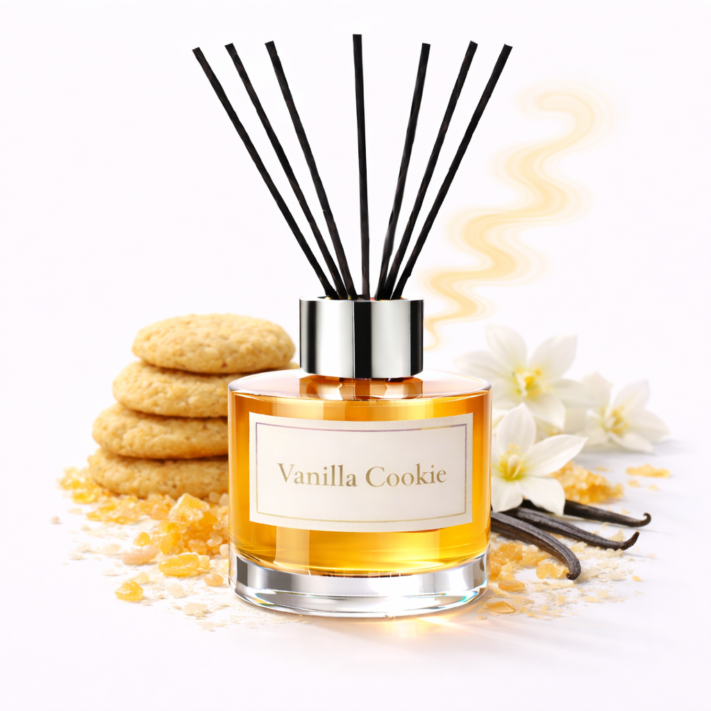 Vanilla Cookie diffuser with cookies, vanilla beans, and flowers on a white background