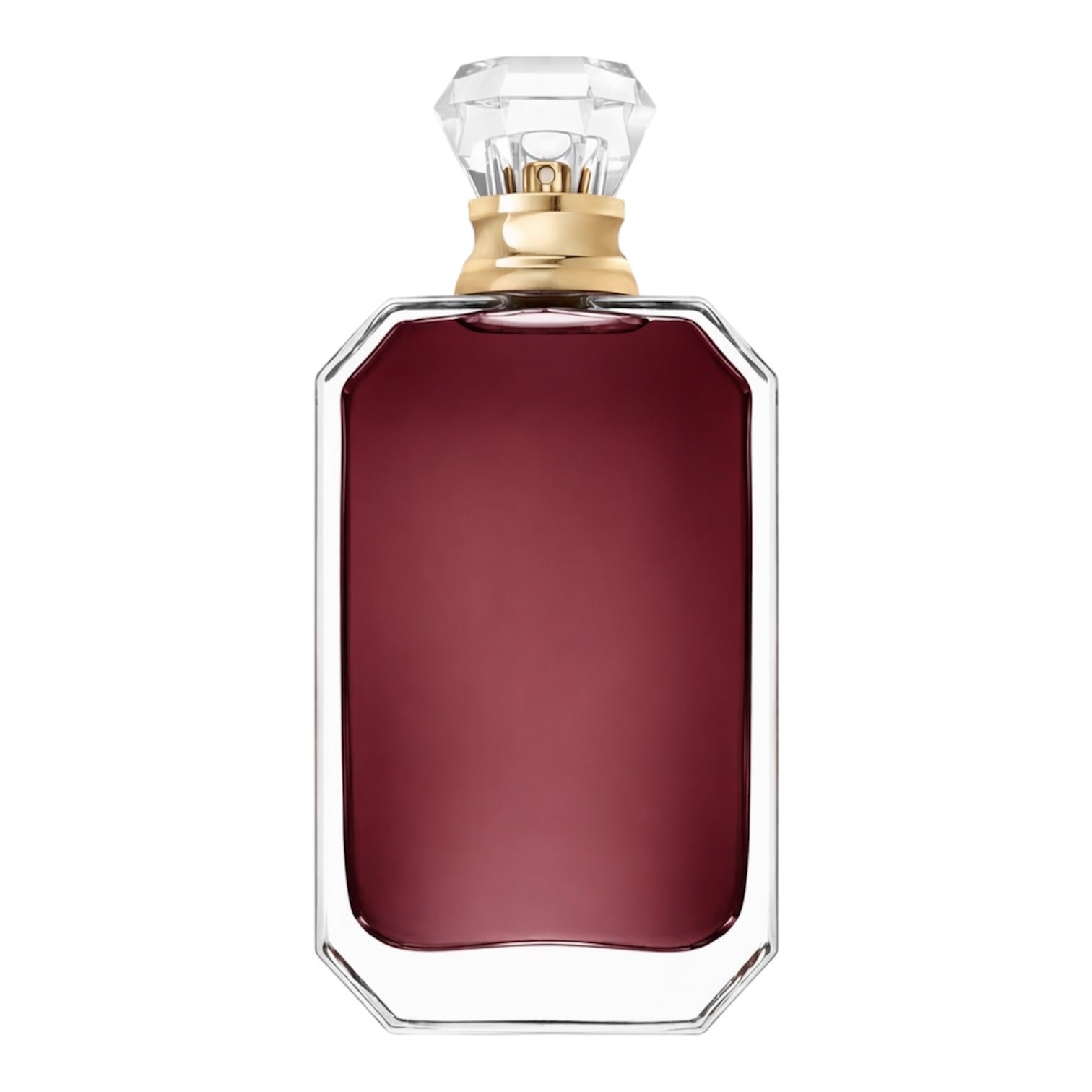 Purple Red perfume bottle with a clear crystal cap on a white background