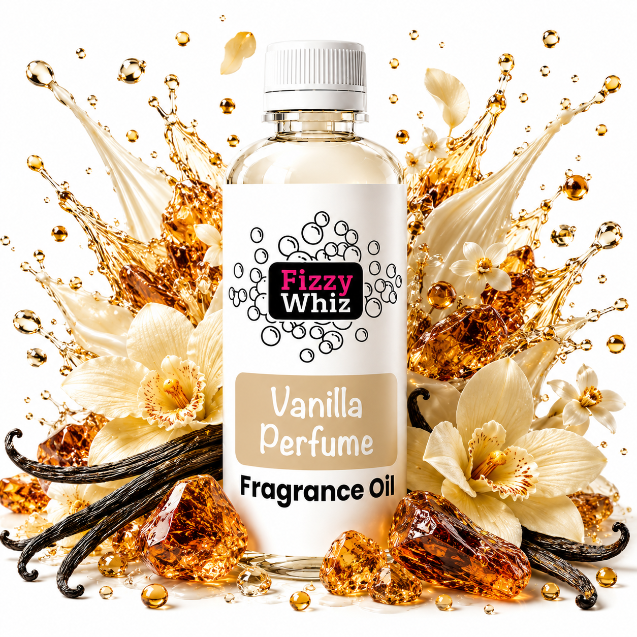 A bottle of Fizzy Whiz Vanilla Perfume Fragrance Oil centered against a white background, surrounded by decorative golden perfume droplets, cream orchid flowers, vanilla beans, and amber crystals. The bottle has a white cap and a white label with the brand name 'Fizzy Whiz' and product name 'Vanilla Perfume'