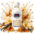 A bottle of Fizzy Whiz Vanilla Perfume Fragrance Oil centered against a white background, surrounded by decorative golden perfume droplets, cream orchid flowers, vanilla beans, and amber crystals. The bottle has a white cap and a white label with the brand name 'Fizzy Whiz' and product name 'Vanilla Perfume'