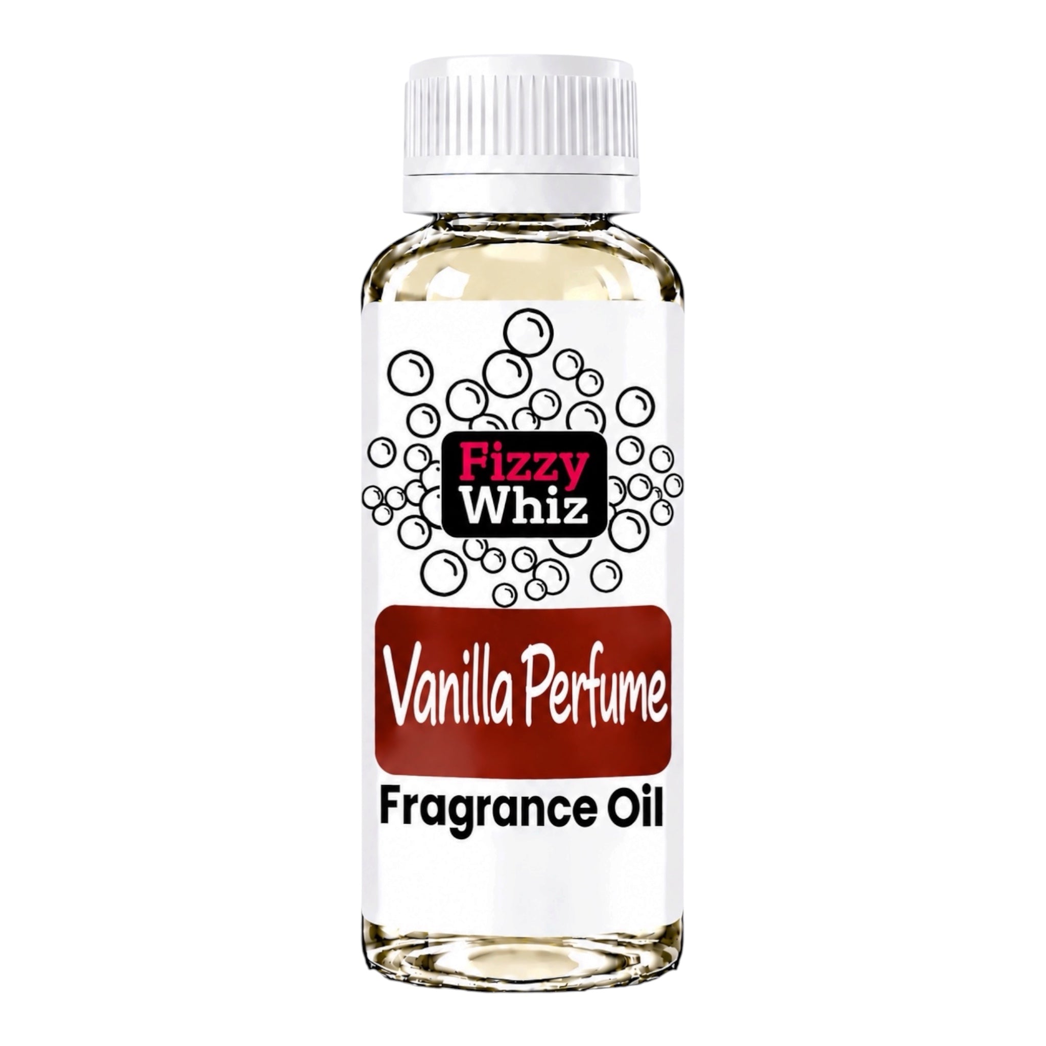 A bottle of Fizzy Whiz Vanilla Perfume Fragrance Oil on a plain white background. The clear glass bottle shows the light yellow liquid inside, topped with a white ribbed cap and a white label featuring the brand logo and product name.