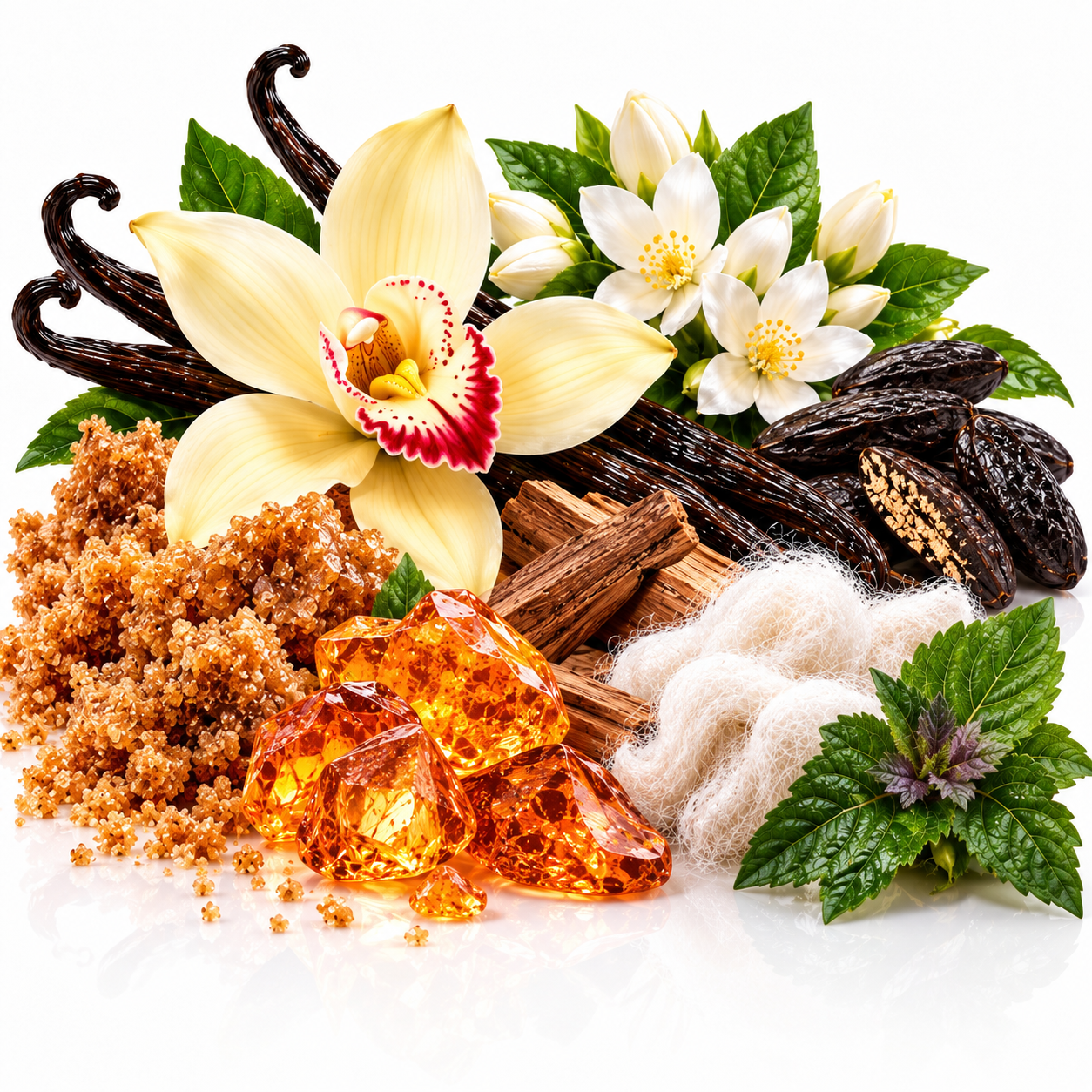 Vanilla orchid flowers, vanilla beans, brown sugar, amber resin, cinnamon sticks, white cotton lint, and mint leaves arranged on a white background.