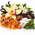 Vanilla orchid flowers, vanilla beans, brown sugar, amber resin, cinnamon sticks, white cotton lint, and mint leaves arranged on a white background.