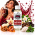 A bottle of Fizzy Whiz Vanilla Perfume Fragrance Oil stands in the foreground with a white cap and a white label. The bottle is surrounded by fragrance-themed props including a woman spraying perfume, red liquid splashes, white orchids, vanilla beans, brown sugar, amber pieces, cinnamon sticks, and mint leaves on a white background.