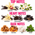 A fragrance notes graphic with the headings TOP NOTES, HEART NOTES, and BASE NOTES. Top notes include vanilla orchid, creamy jasmine, vanilla infusion, vanilla surabsolute, and tonka.