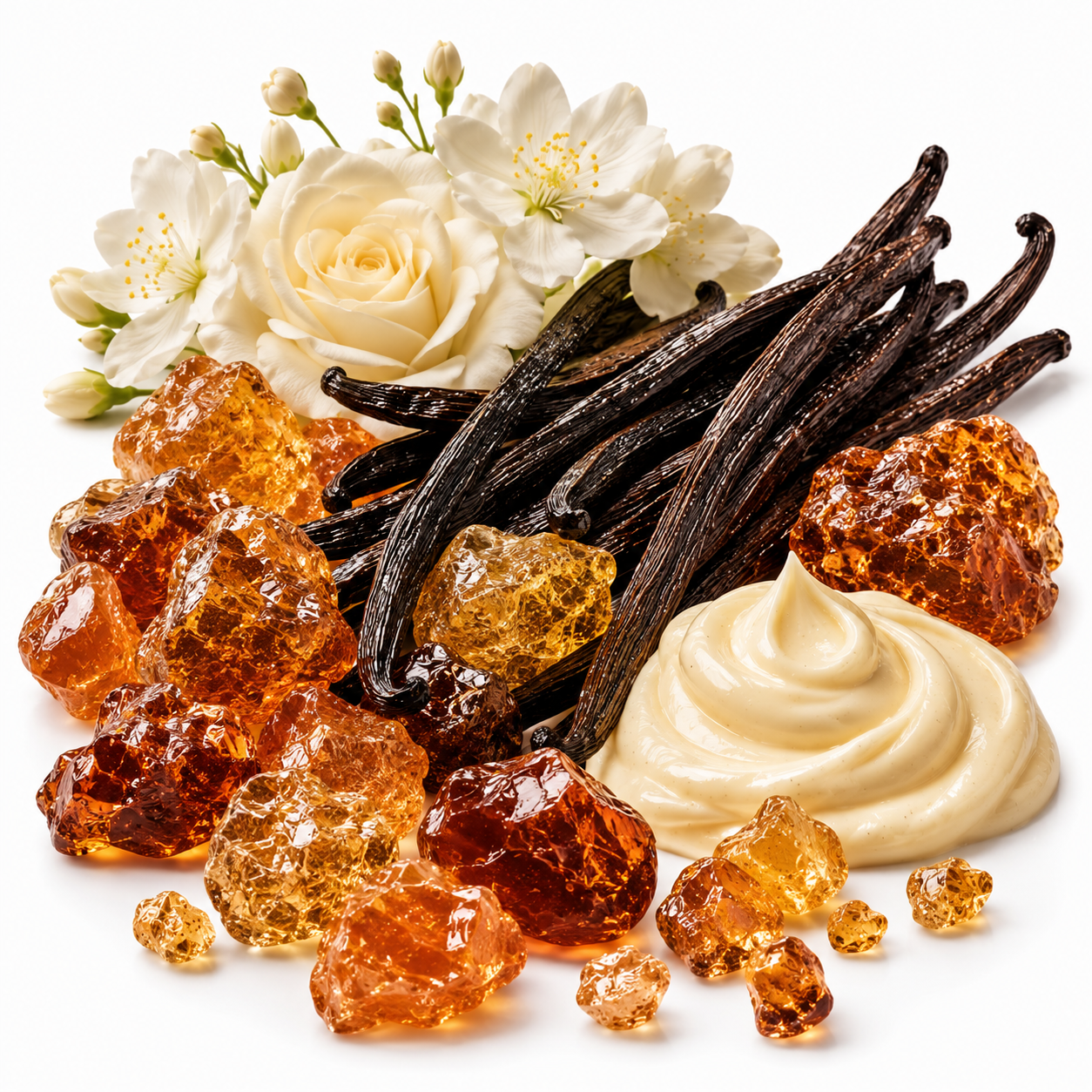 Vanilla extract ingredients arranged on a white background, including vanilla beans, cream-colored vanilla paste, amber sugar crystals, and white flowers.