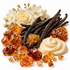 Vanilla extract ingredients arranged on a white background, including vanilla beans, cream-colored vanilla paste, amber sugar crystals, and white flowers.