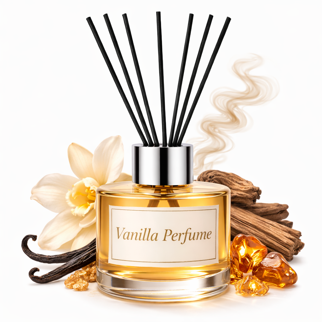 Vanilla perfume bottle with reeds, flowers, and spices on a white background