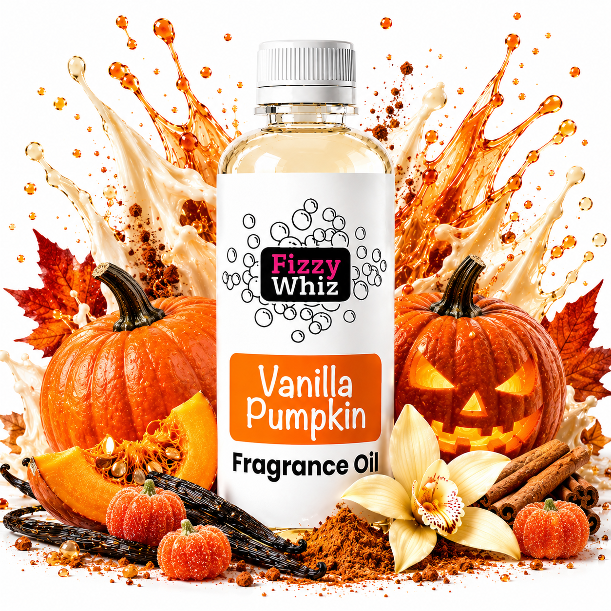 A bottle of Fizzy Whiz Vanilla Pumpkin Fragrance Oil centered against a white background, surrounded by autumn-themed props including two pumpkins, vanilla beans, cinnamon sticks, a vanilla flower, and orange splash graphics.