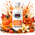 A bottle of Fizzy Whiz Vanilla Pumpkin Fragrance Oil centered against a white background, surrounded by autumn-themed props including two pumpkins, vanilla beans, cinnamon sticks, a vanilla flower, and orange splash graphics.