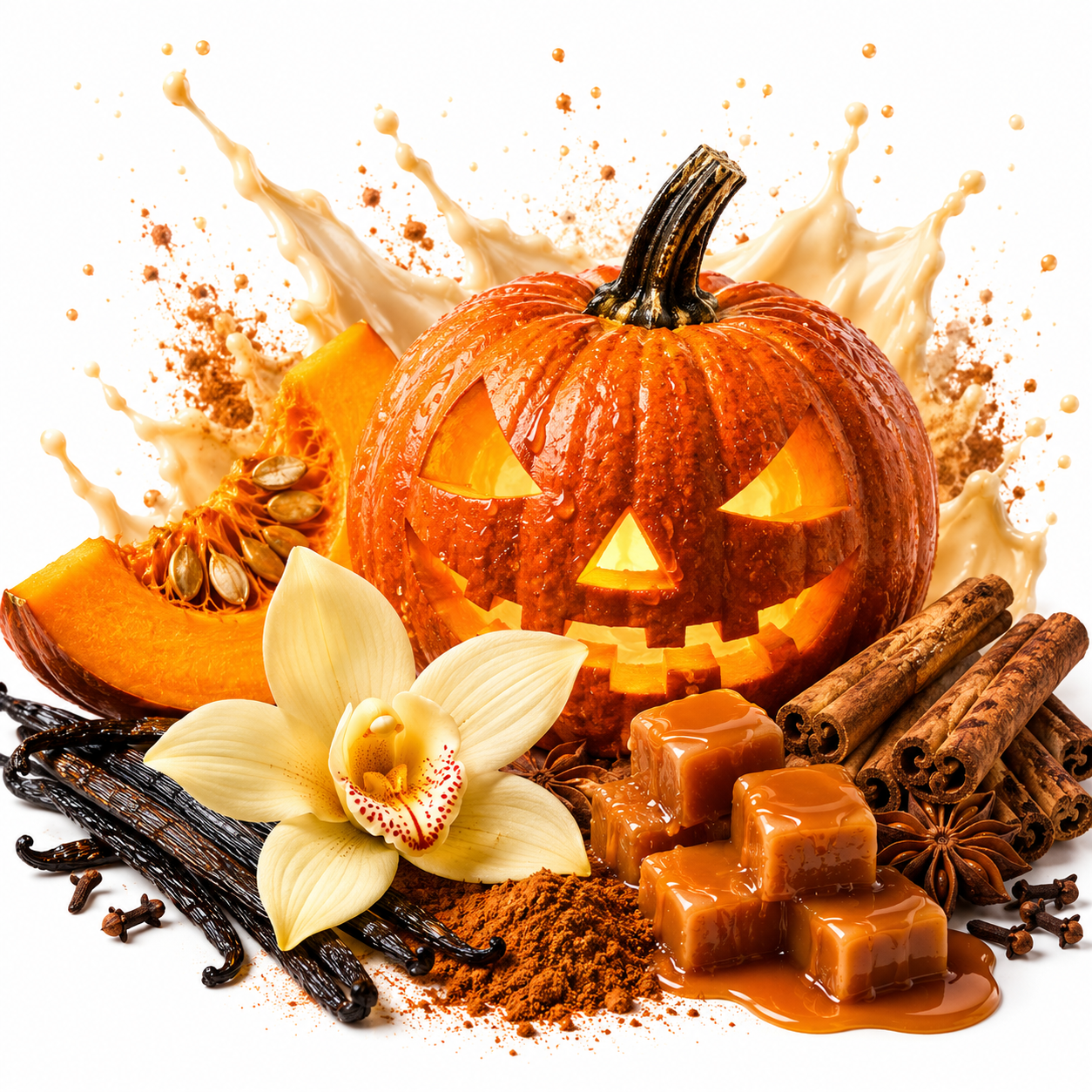 A stylized autumn food still life featuring a carved orange pumpkin with glowing yellow eyes and mouth, surrounded by caramel cubes, cinnamon sticks, vanilla beans, cocoa powder, star anise, a sliced pumpkin, and a pale orchid flower on a white background with a cream splash behind it.