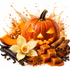 A stylized autumn food still life featuring a carved orange pumpkin with glowing yellow eyes and mouth, surrounded by caramel cubes, cinnamon sticks, vanilla beans, cocoa powder, star anise, a sliced pumpkin, and a pale orchid flower on a white background with a cream splash behind it.