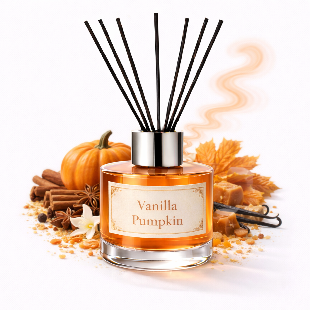Vanilla Pumpkin diffuser with decorative elements on a white background