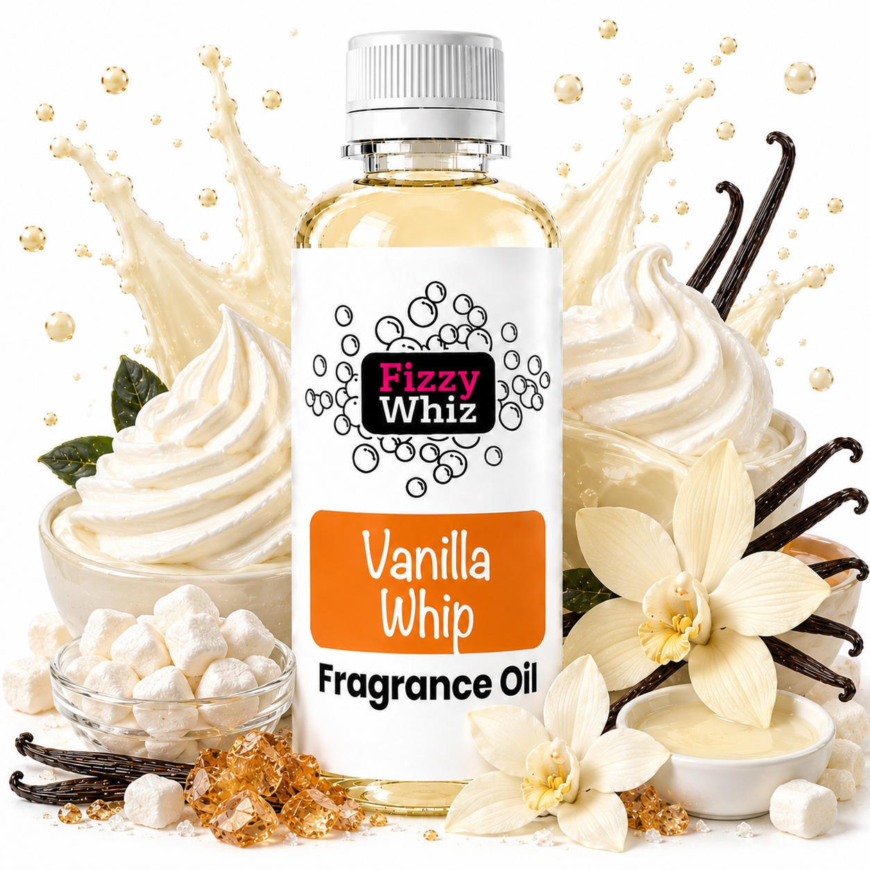 A bottle of Fizzy Whiz Vanilla Whip Fragrance Oil centered on a white background, surrounded by whipped cream swirls, vanilla beans, vanilla flowers, sugar cubes, and caramel crystals to represent the scent profile.