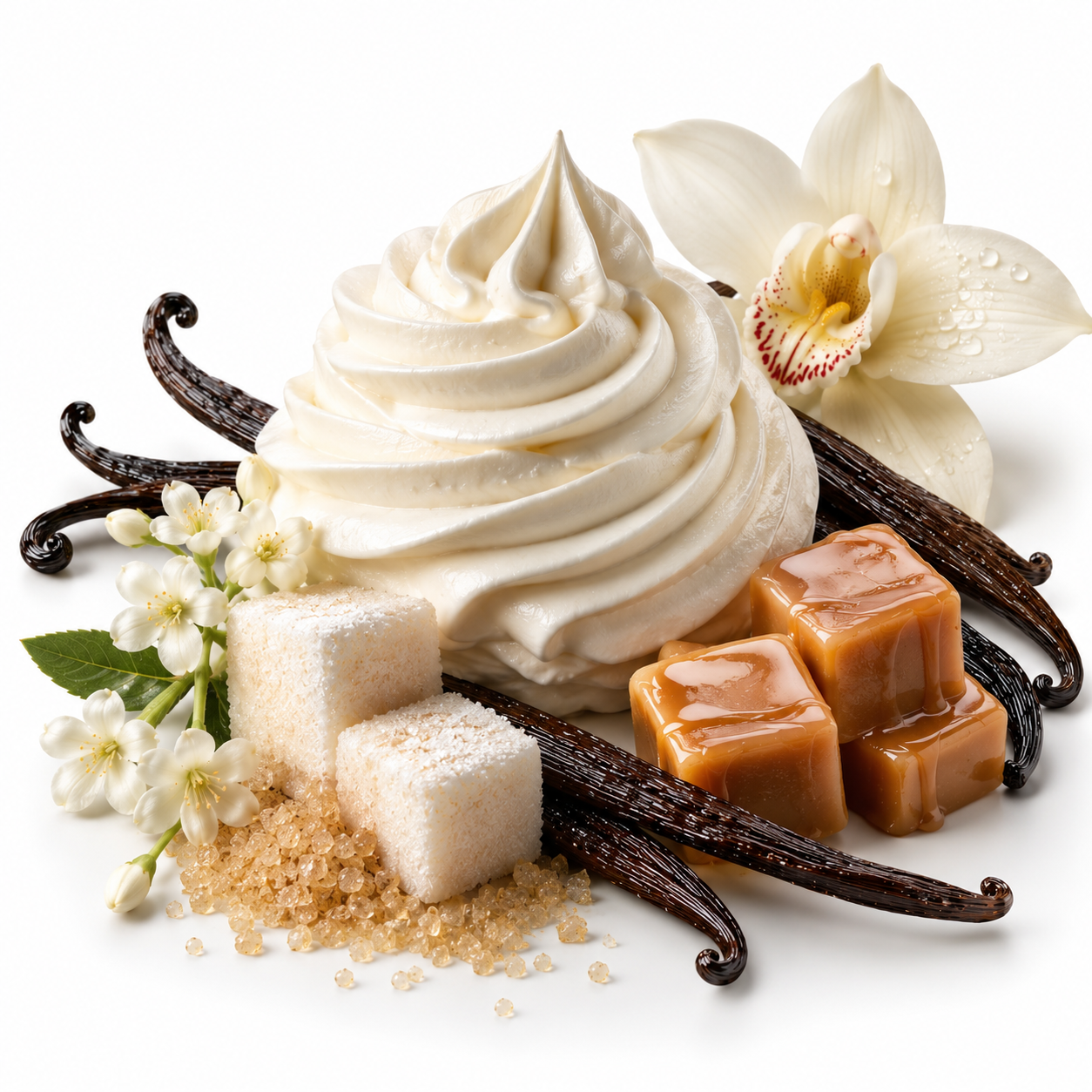 A styled food product shot featuring a swirl of whipped cream, vanilla beans, brown sugar, caramel cubes, and white orchid flowers on a clean white background.