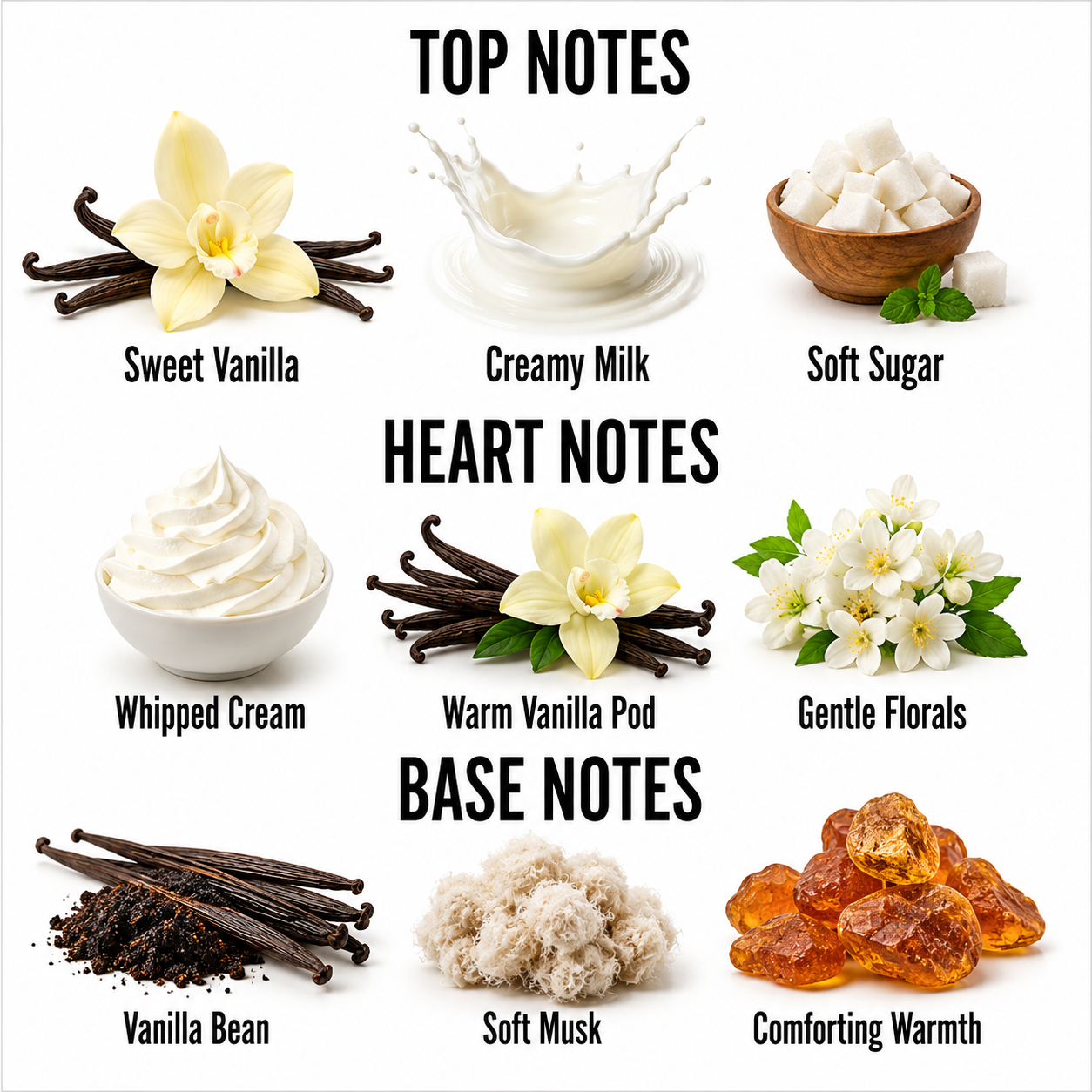 A fragrance notes graphic on a white background with three labeled sections: Top Notes, Heart Notes, and Base Notes. Each note is illustrated with a small food or floral image and labeled with text such as Sweet Vanilla, Creamy Milk, Soft Sugar, Whipped Cream, Warm Vanilla Pod, Gentle Florals, Vanilla Bean, Soft Musk, and Comforting Warmth.