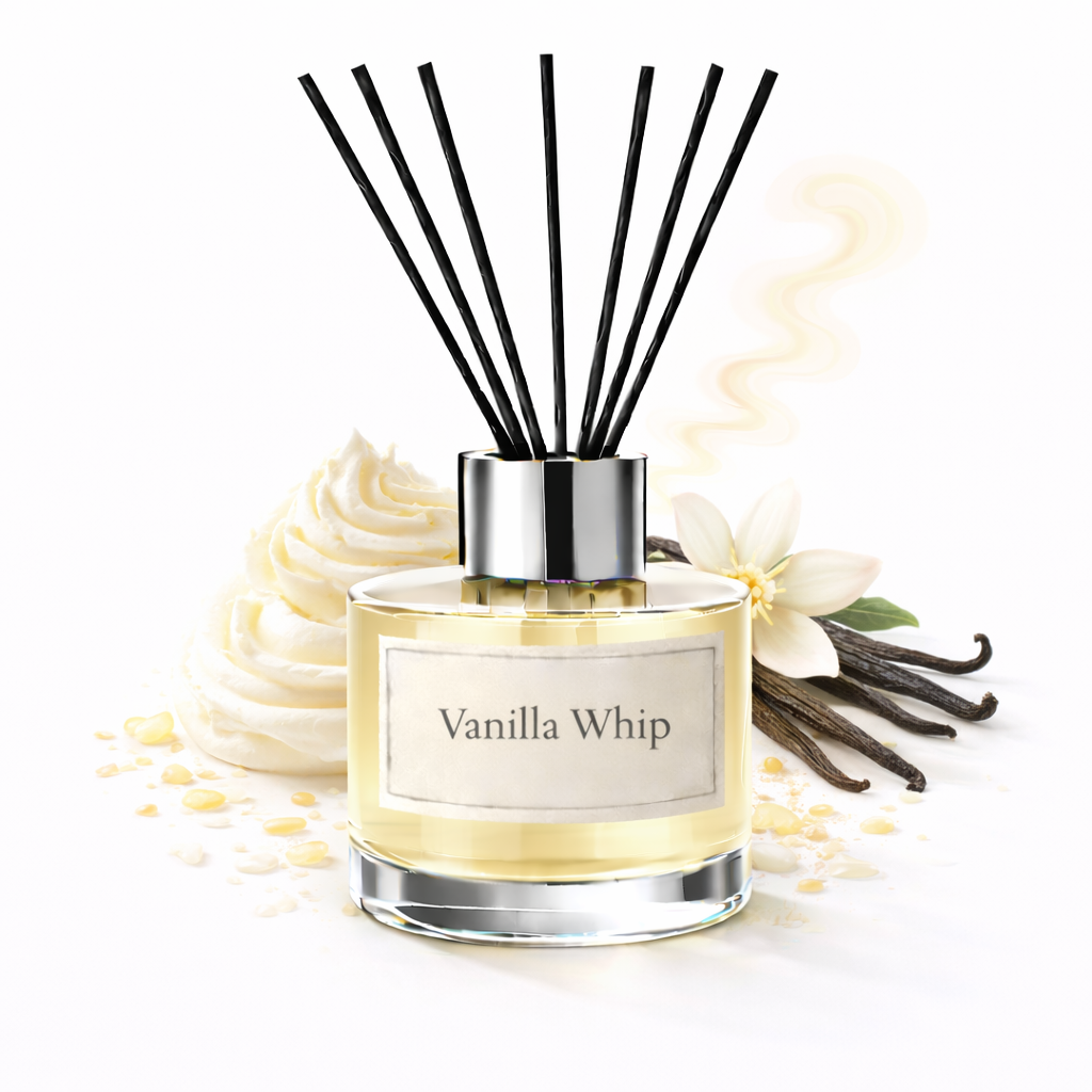 Reed diffuser labeled 'Vanilla Whip' with vanilla beans and flowers on a white background