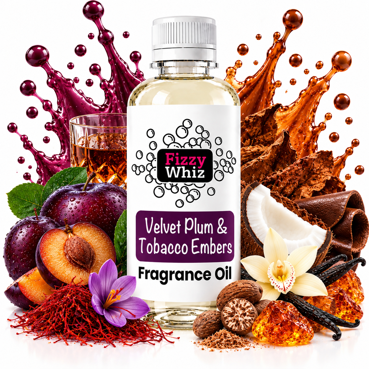 A bottle of Fizzy Whiz Velvet Plum & Tobacco Embers fragrance oil centered on a white background, surrounded by scent ingredients including plums, apricots, vanilla, cinnamon, amber crystals, a flower, a glass of oil, and dramatic liquid splashes.