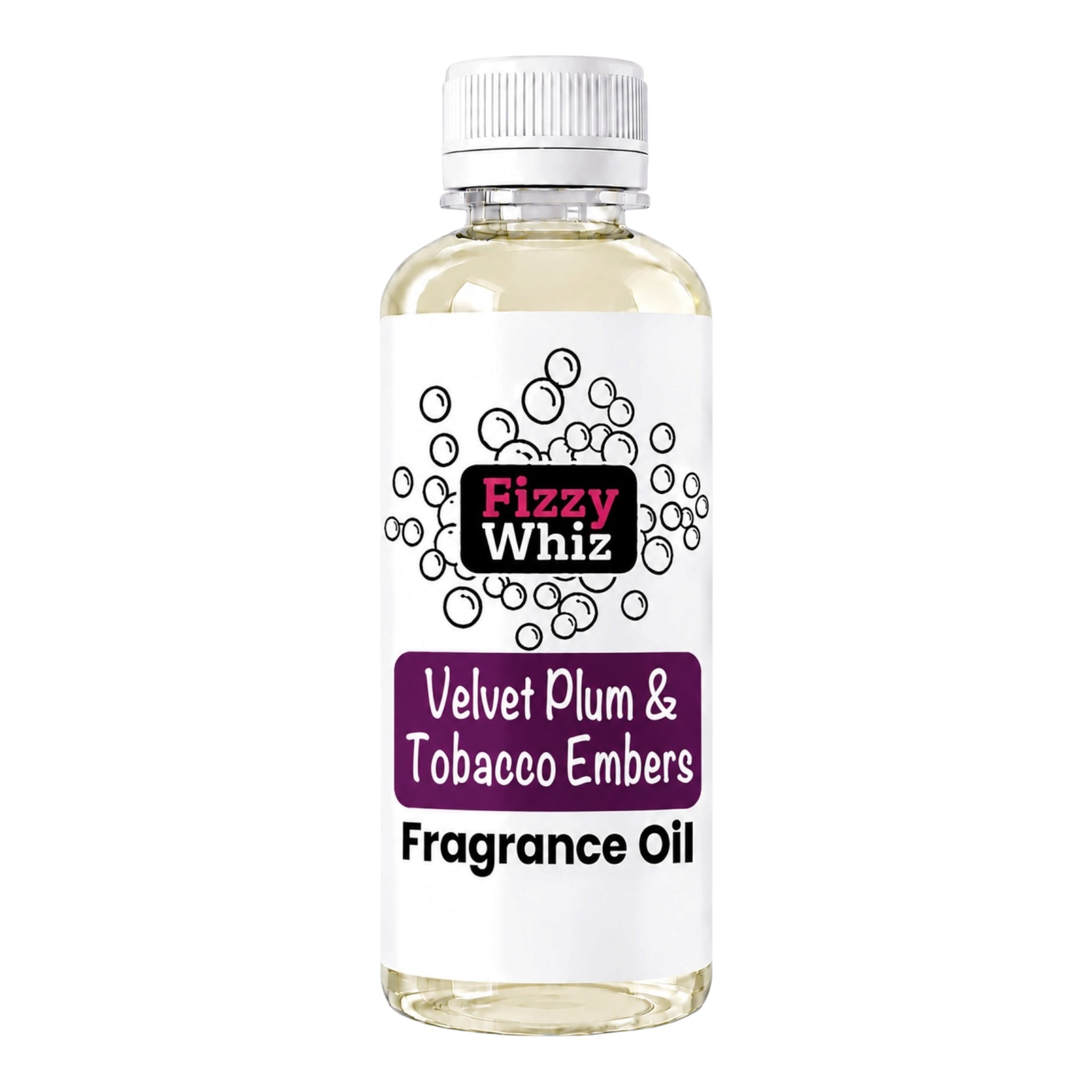 A bottle of Fizzy Whiz Fragrance Oil, specifically the 'Velvet Plum & Tobacco Embers' scent, featuring a white cap and a white label with purple and black text.