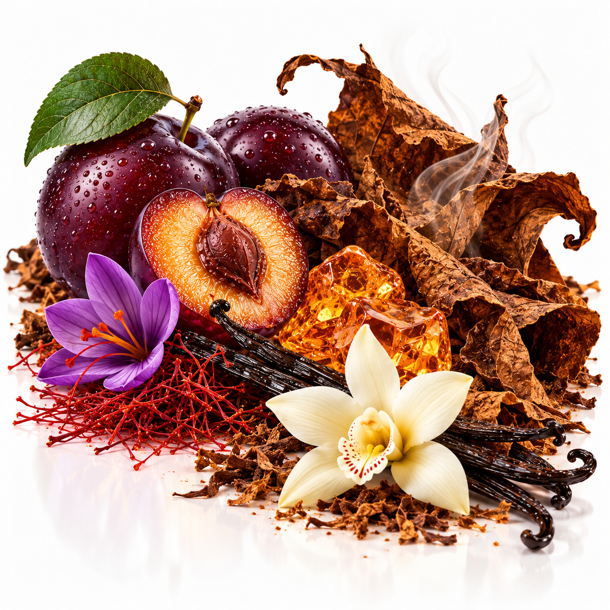 A styled still life of natural ingredients on a white background, including dark purple plums, a halved plum, dried brown leaves, vanilla beans, amber resin, red threads, a purple flower, and a white orchid.