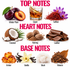 A fragrance notes graphic with the headings TOP NOTES, HEART NOTES, and BASE NOTES. The top notes include Winter Plum, Liquor, Saffron, Coconut, Nutmeg, and Leather.