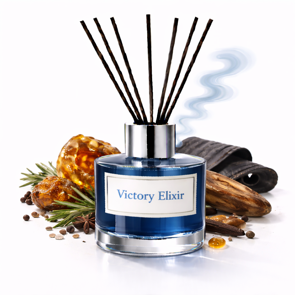 Reed Diffuser Oil with wooden spices leaves on a white background 