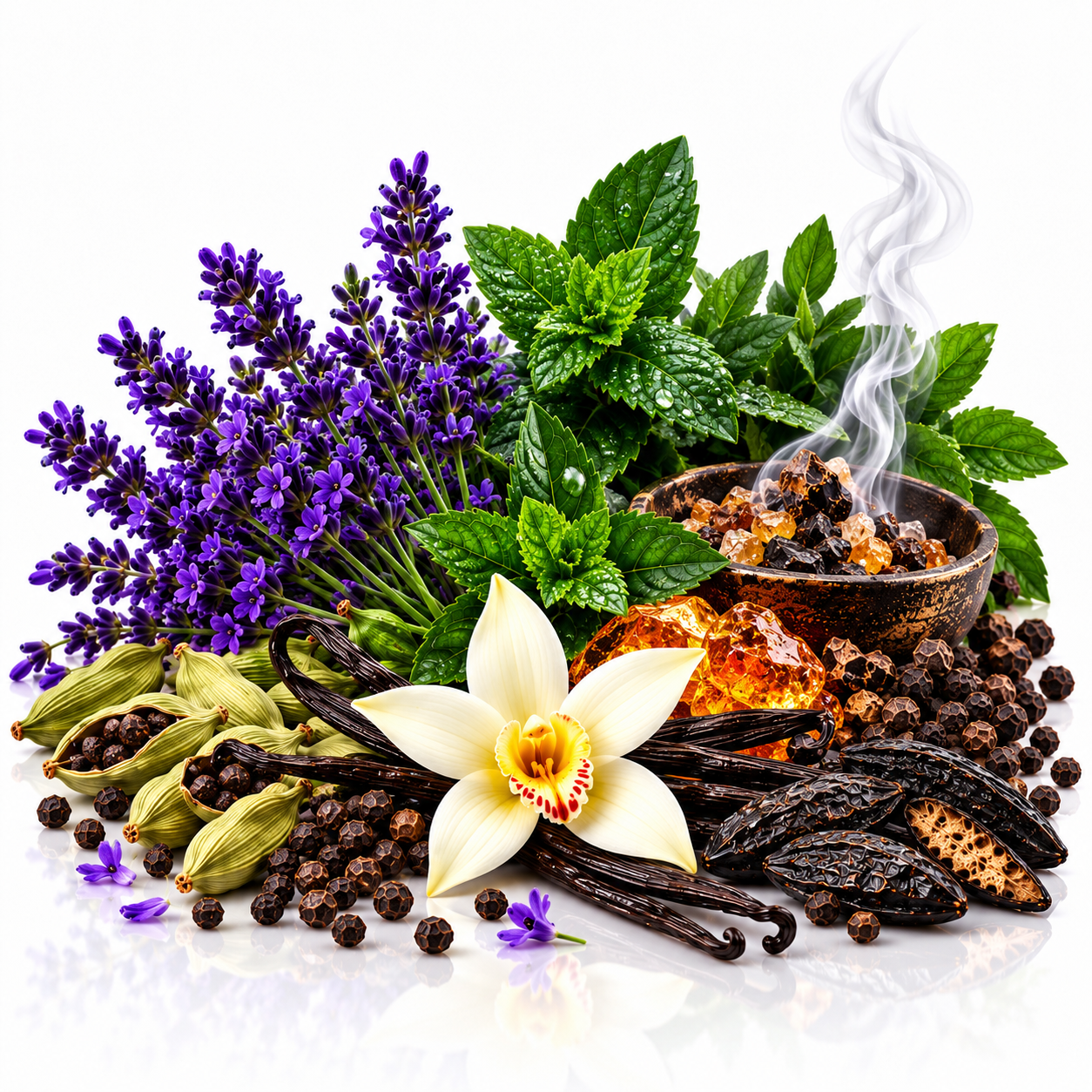 A styled arrangement of whole spices and herbs on a white reflective surface, including purple lavender flowers, green mint leaves, vanilla beans, cardamom pods, black peppercorns, amber resin, and a white flower with a yellow center.