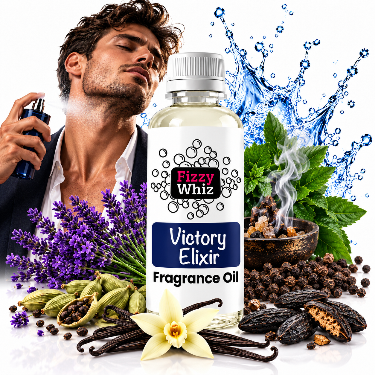 A bottle of Fizzy Whiz Victory Elixir Fragrance Oil centered in a promotional composition, surrounded by fragrance ingredients including lavender, vanilla beans, cardamom pods, cinnamon, and mint leaves. A man is partially visible on the left spraying fragrance, with blue water splash graphics in the background.
