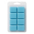 Pack of blue wax melts in a clear plastic mold on a white background
