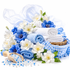 A styled arrangement of folded white and light blue towels, blue flowers, white blossoms, green leaves, a wicker basket, a wooden scoop filled with small blue-and-white beads, and scattered beads on a white background.