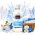 A bottle of Fizzy Whiz Washing Line Fragrance Oil centered on a white background with laundry-themed props including blue towels, flowers, a scoop of fragrance beads, and a basket. The bottle has a white cap and a white label with blue and black text.