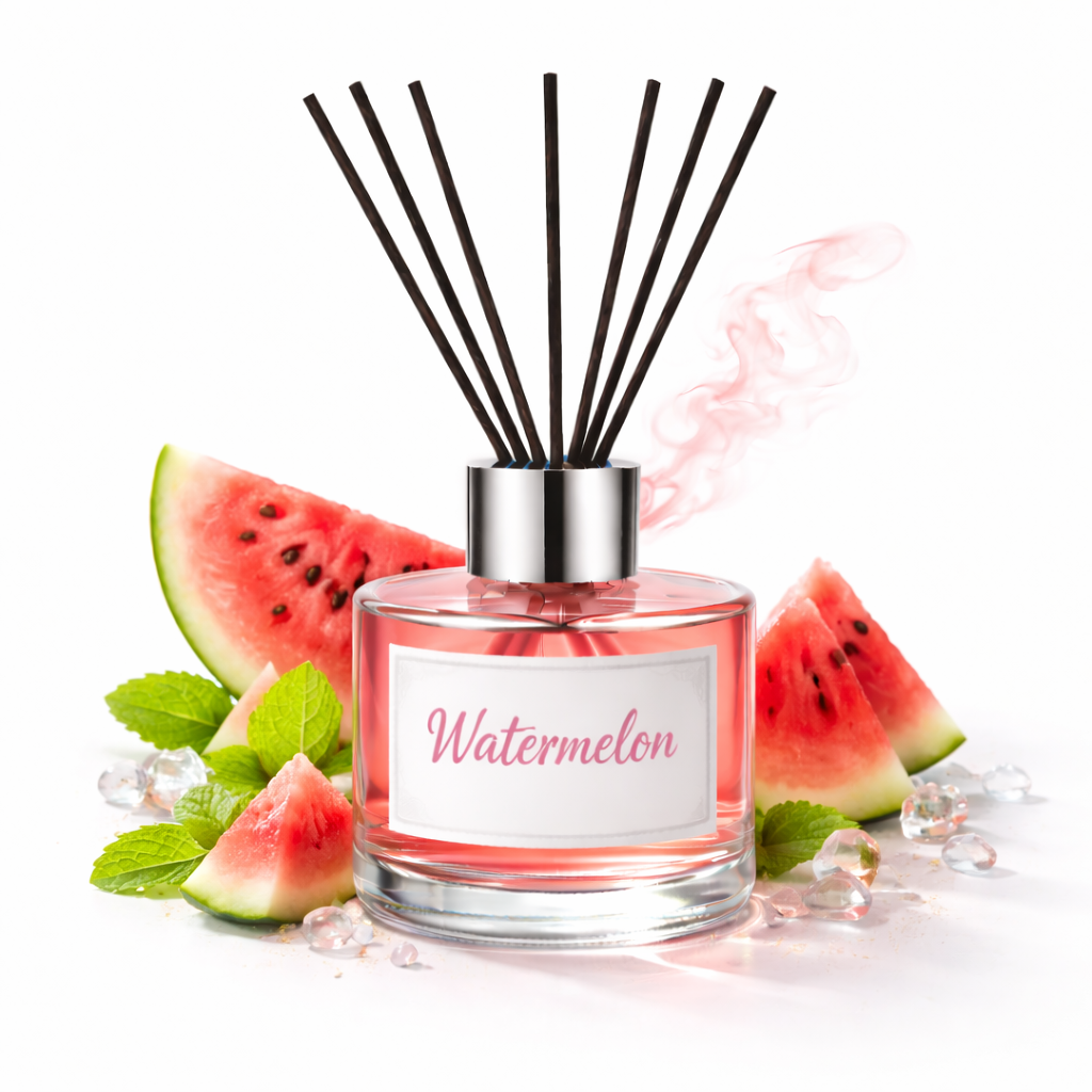 Reed diffuser labeled 'Watermelon' with watermelon slices and mint leaves on a white background