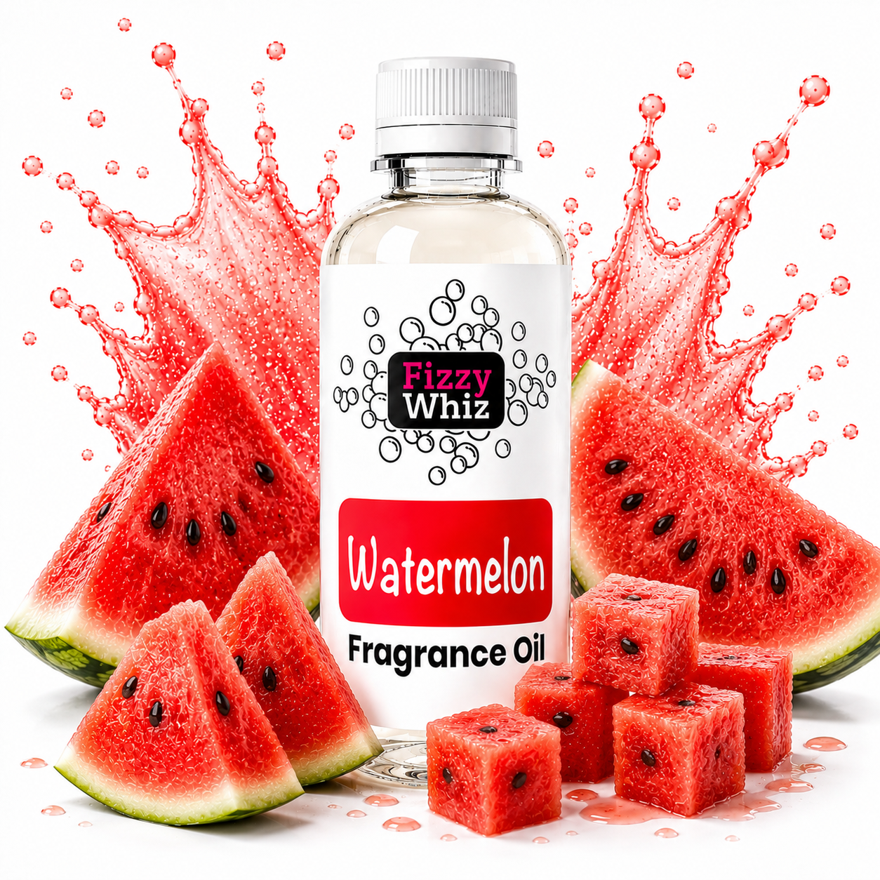 A bottle of Fizzy Whiz Watermelon Fragrance Oil centered on a white background, surrounded by watermelon slices, cubes, and a red splash graphic. The bottle has a white cap and a white label with a red and black Fizzy Whiz logo.