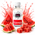 A bottle of Fizzy Whiz Watermelon Fragrance Oil centered on a white background, surrounded by watermelon slices, cubes, and a red splash graphic. The bottle has a white cap and a white label with a red and black Fizzy Whiz logo.