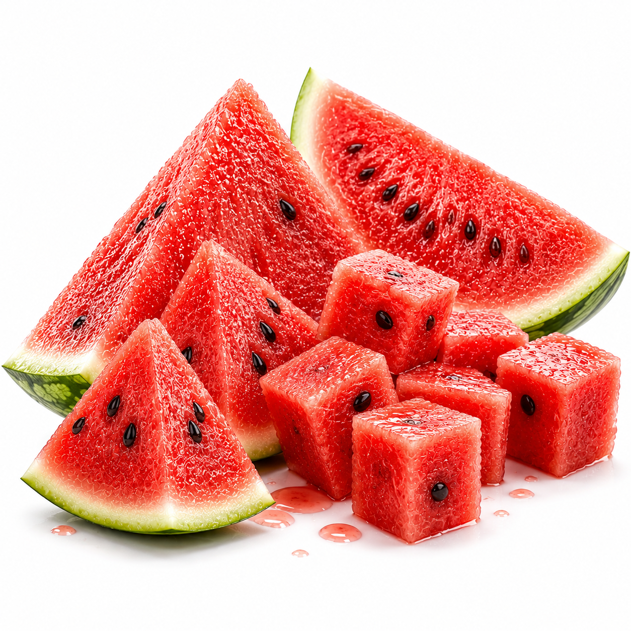 Fresh watermelon slices and cubed pieces arranged on a white background, with visible red flesh, black seeds, and green rinds.